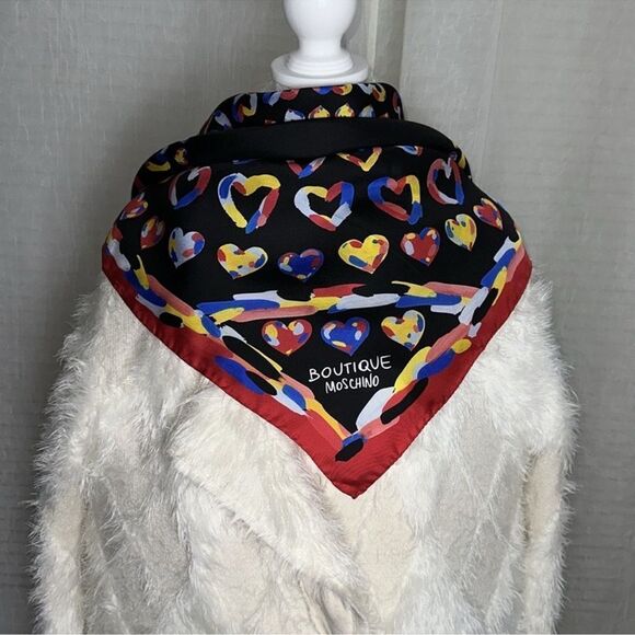 MOSCHINO Red Multicolored Hearts Silk Square Scarf - Picture 1 of 8